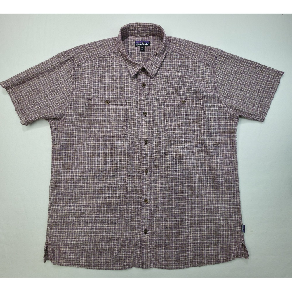 Patagonia Shirt‎ Mens XXL Maroon Beige Hemp Plaid Organic Cotton Limited Use
